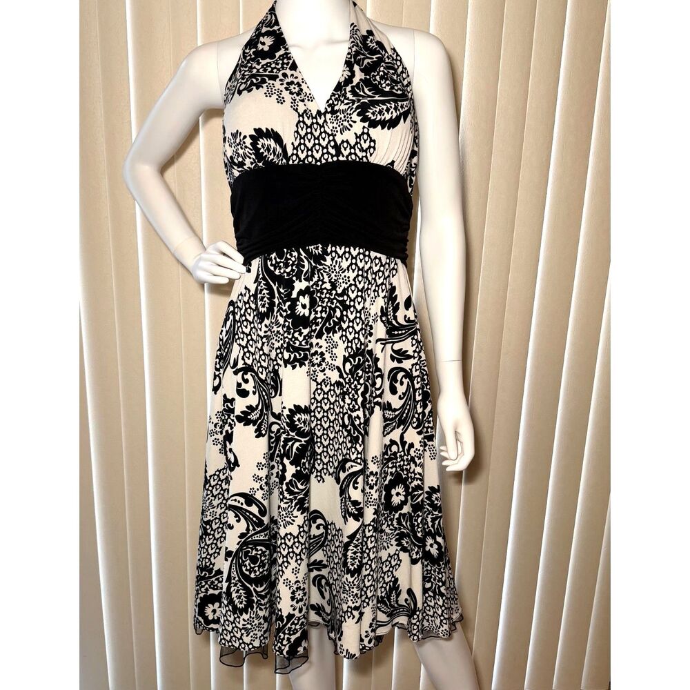 Madison Leigh Halter Dress Medium Black White Damask Ruched Fit Flare Y2K